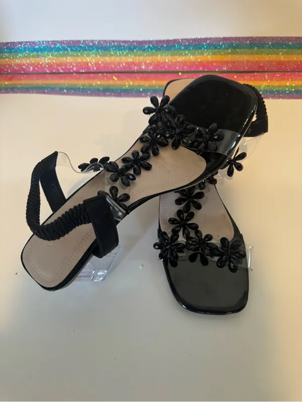 Black Floral Embellished Clear Block Heel Sandals - Image 10