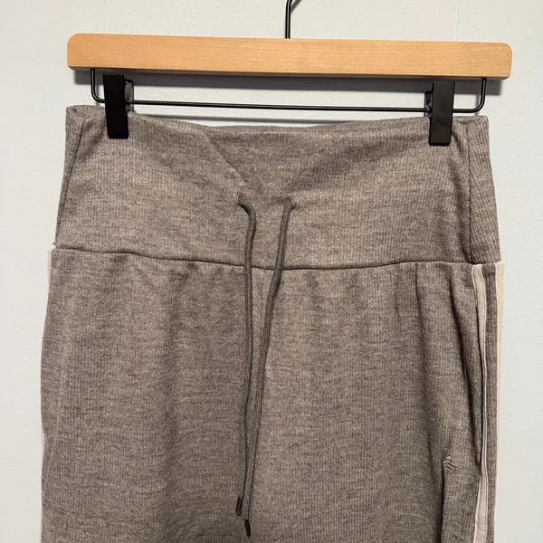 Ribbed High Waisted Tummy Control Drawstring Wide Leg Color Block Fleece Trouser - Image 3