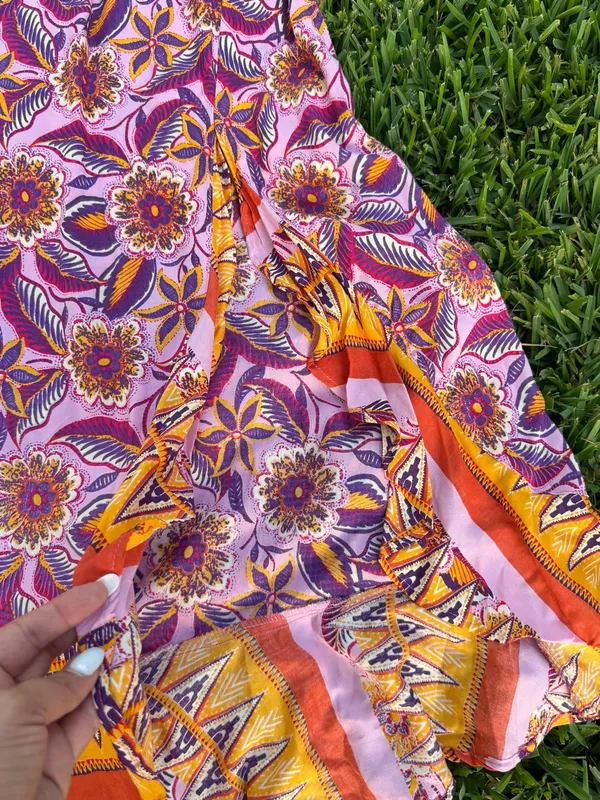 Angie Boho Floral High-Low Midi Skirt Medium Pink Purple Orange Festival - Image 4