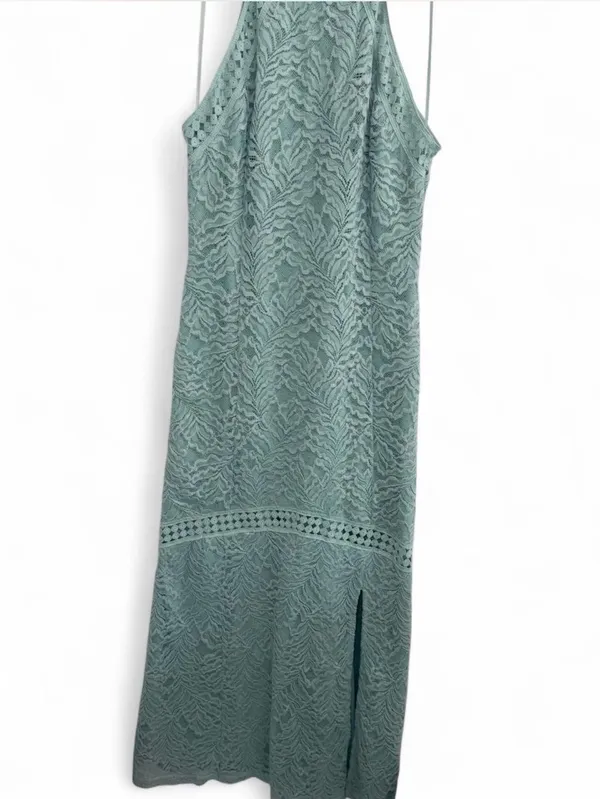 GUESS Sleeveless Mint Lace Halter Maxi Dress. Elegant mint lace halter maxi dress with delicate crochet trim. Soft mint color adds a fresh, feminine look. Halter neckline flatters the shoulders for a polished silhouette. Lightweight lace fabric offers breathable, comfortable wear. Ideal for weddings, garden parties, or special occasions. - Image 8