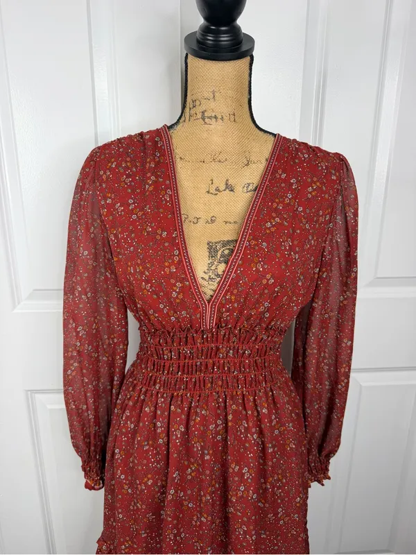 Max Studio Floral Smocked Waist Mini Dress Size S Rust Red Boho Fall - Image 3