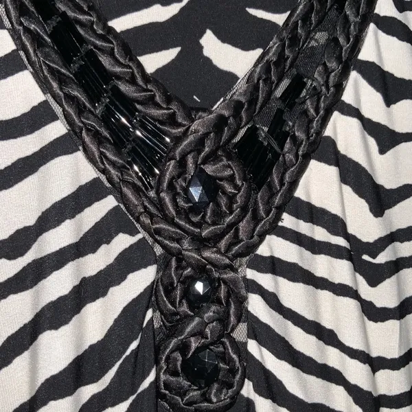 Chico’s Brown & Cream Zebra Sleeveless V Neck Bejeweled Maxi Stretchy Dress L - Image 5