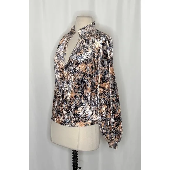 FREE PEOPLE Smocked Crushed Velvet Top Blouse Go Get 'Em Tiger Animal Small - Image 6