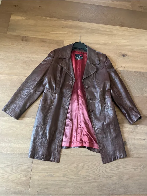 Great Things Vintage Chocolate Brown Genuine Leather Long Coat Jacket Size Large - Image 8