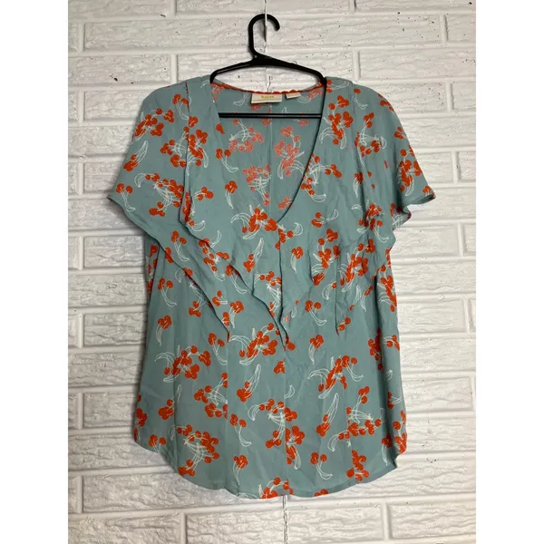 Maeve Anthropologie Blouse Womens‎ 4 Blue Excellent Cherry Print Ruffle Cape Top - Image 3