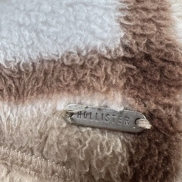 Hollister Womens Small Cropped Fleece Hoodie Jacket Plaid Beige Brown Full Zip - Image 9