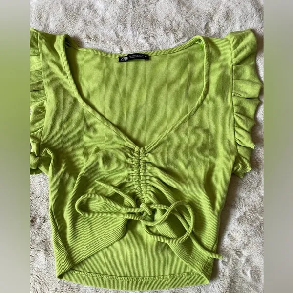 Zara Lime Green Ruched V-Neck Top size M cottton - Image 3
