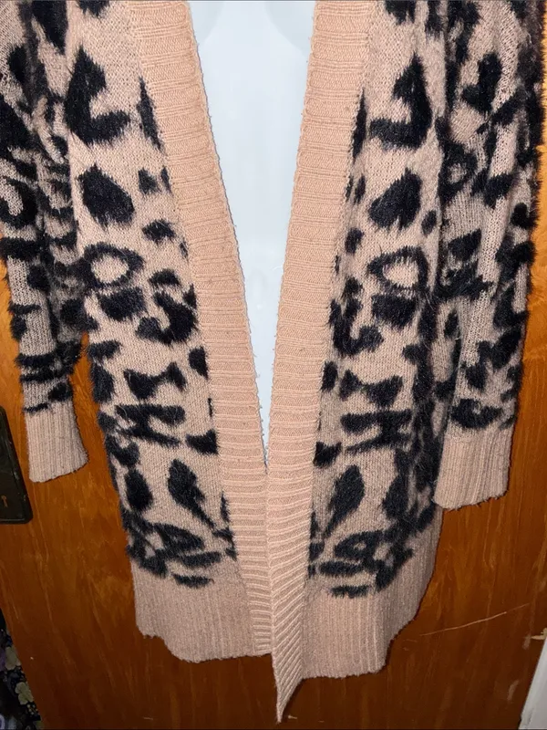 debut Tan and Black Fuzzy Leopard Print Long Open Front Cardigan - Size S - Image 3