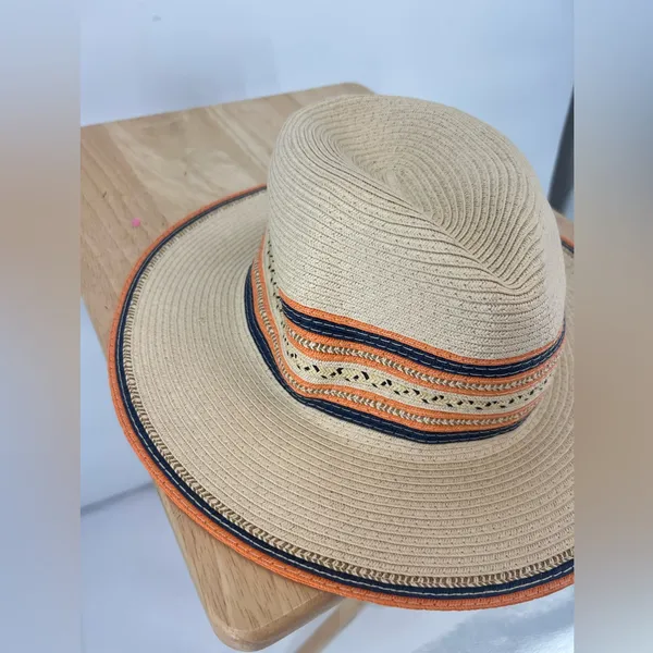 Lane Bryan Stylish Tan Wide-Brim Hat with Orange and Black Accents - Image 4