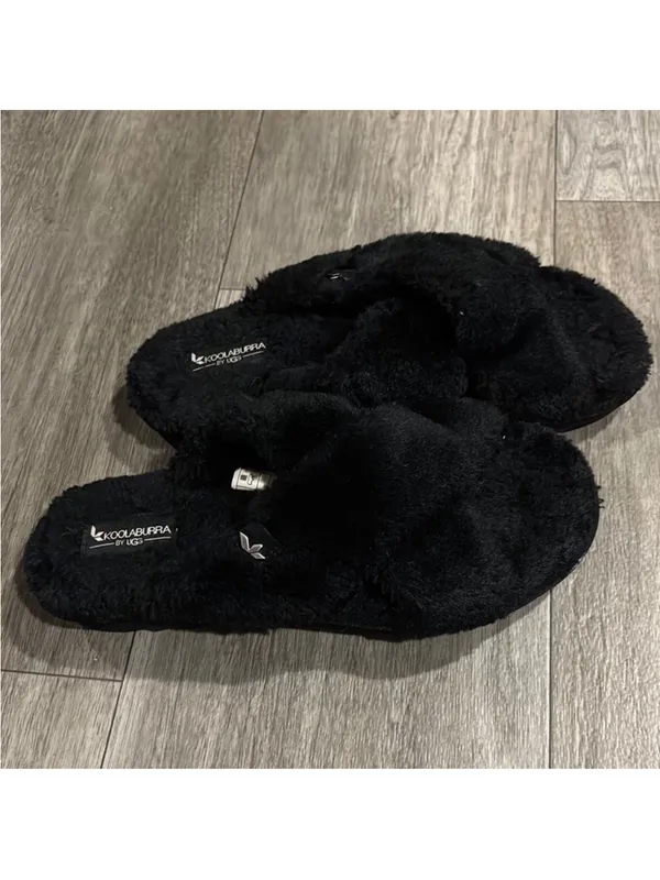  Black Plush Crisscross Slide Slippers - Image 3