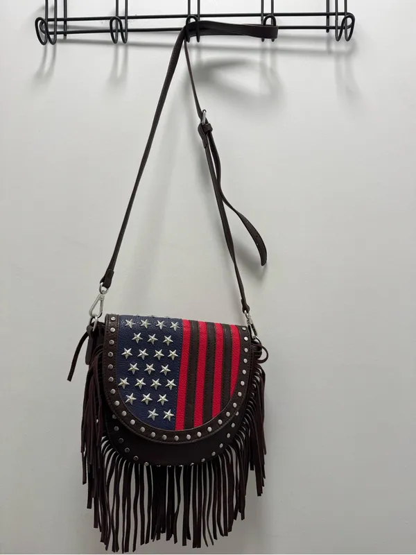 Brown faux leather Rodeo Fringe American Flag crossbody bag charming charlie - Image 3