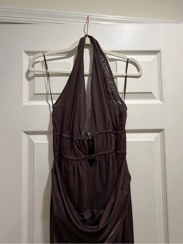 Misha Halter Cutout Satin Maxi Dress in Deep Brown - Image 10