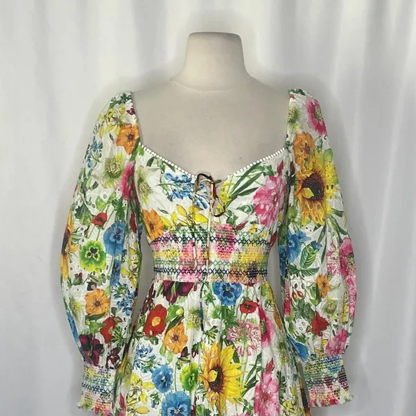 ALICE + OLIVIA Crawford Sweetheart Mini Dress Floral Puff Sleeves Lace Up Size 0 - Image 3
