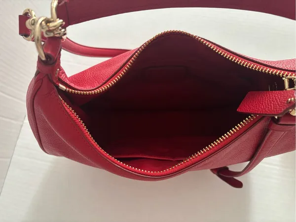Big Red Coach In Pebble Leather Hobo with Gold Hardware - Image 8