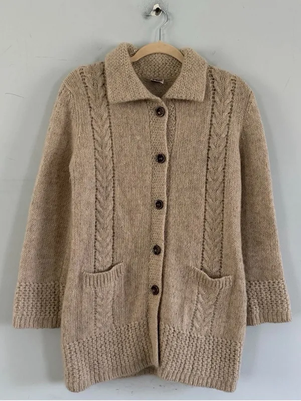 Vintage IQ Mohair Wool‎ Cardigan Cable Knit Tan Longline Collared Sweater - Image 2