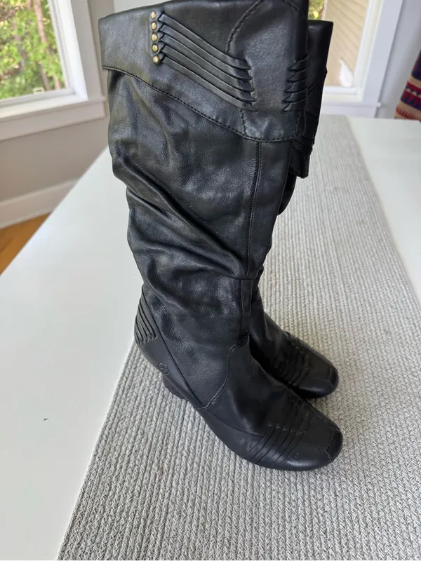 Bronx Black Studded Leather Wedge Knee-High Boots with Woven Detail Sz 8.5 - Image 9
