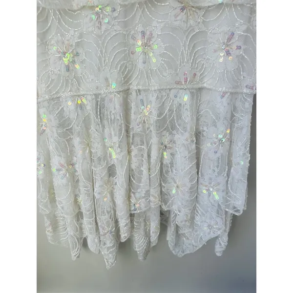 VTG Megere White Sequin Beaded‎ Dress M Long Sleeve Ruffle Hem Formal Wedding - Image 3
