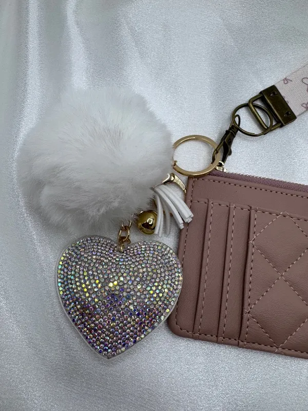 Blush Pink Quilted Card Holder Wallet with Rhinestone Heart Charm - Image 6