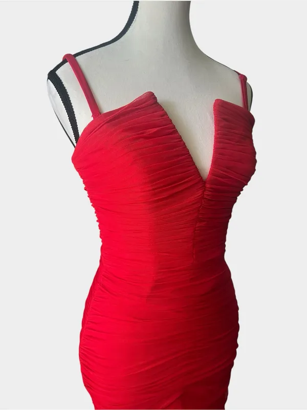 Dress the Population Ferra Rouge Red Ruched Midi Dress XS Strapless - Image 4