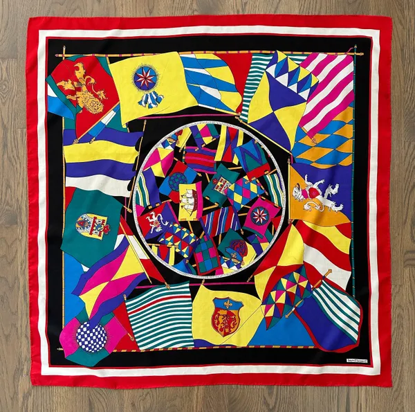 Vintage Harvé Bernard Multicolor Nautical Flag Motif 100% Silk Scarf 34" Square - Image 5
