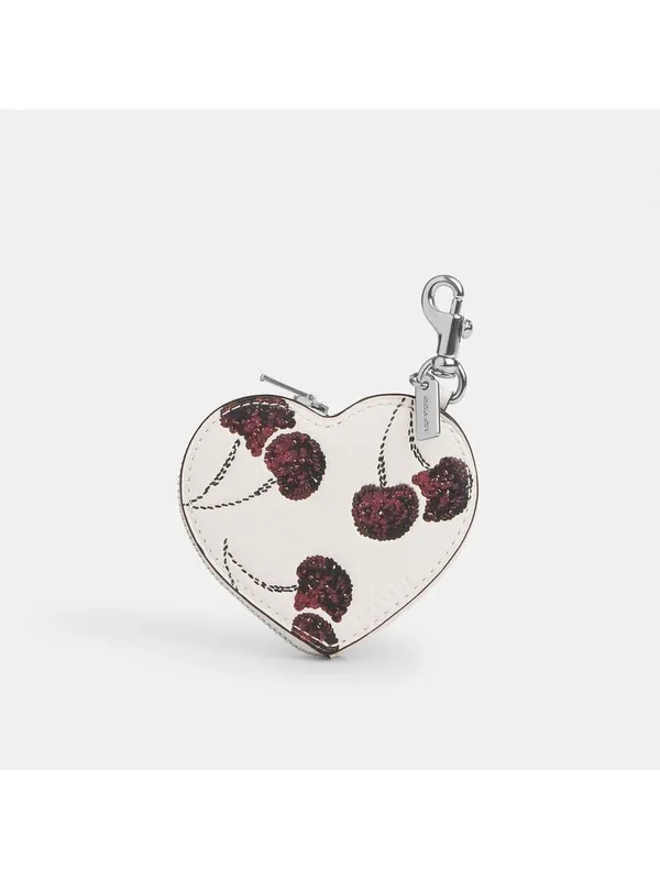 NEW Coach White Cherry Print Heart Bag Charm Coin Case CDB55 with dust bag NWT - Image 2