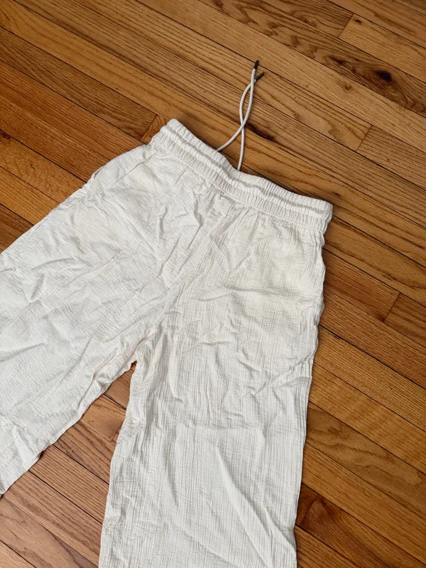 a new day textured crinkle Wide Drawstring Trousers pullover cream pants Sz S coastal minimalist elastic waist - Image 6