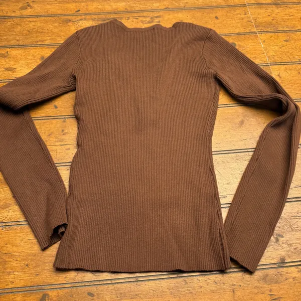 The Work Shop Brown Ribbed Long Sleeve Henley Top V-Neck Gold‎ Buttons M - Image 4
