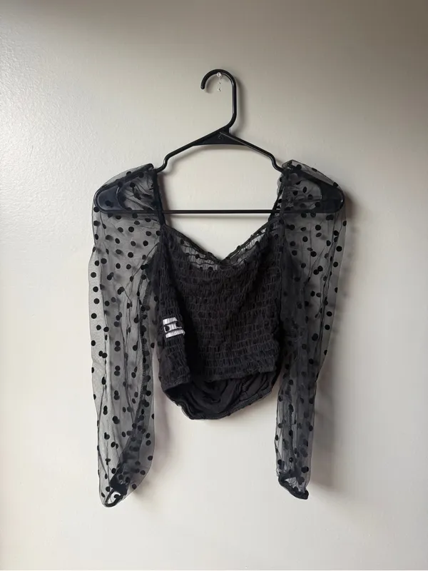 NWT RED Fashion Made in Italy Black Sheer Polka Dot Ruched Top - Image 7