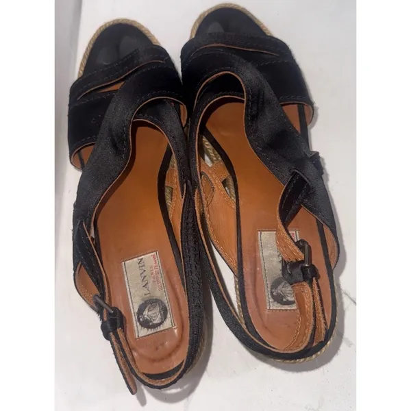Vintage Y2K Lanvin Black Leather Platform Wood Jute Espadrille Wedge Shoes 40 - Image 5