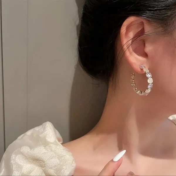Big Opal Rhinestone C-Shaped Hoop Earrings for Women, Minimalist Wedding Party - Image 4