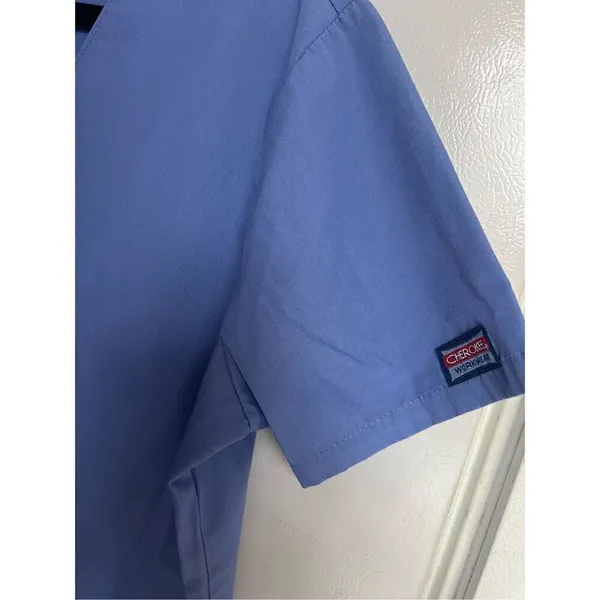 Cherokee Workwear Blue Snap Button Up Scrub Top Woman’s Size XS - Image 3