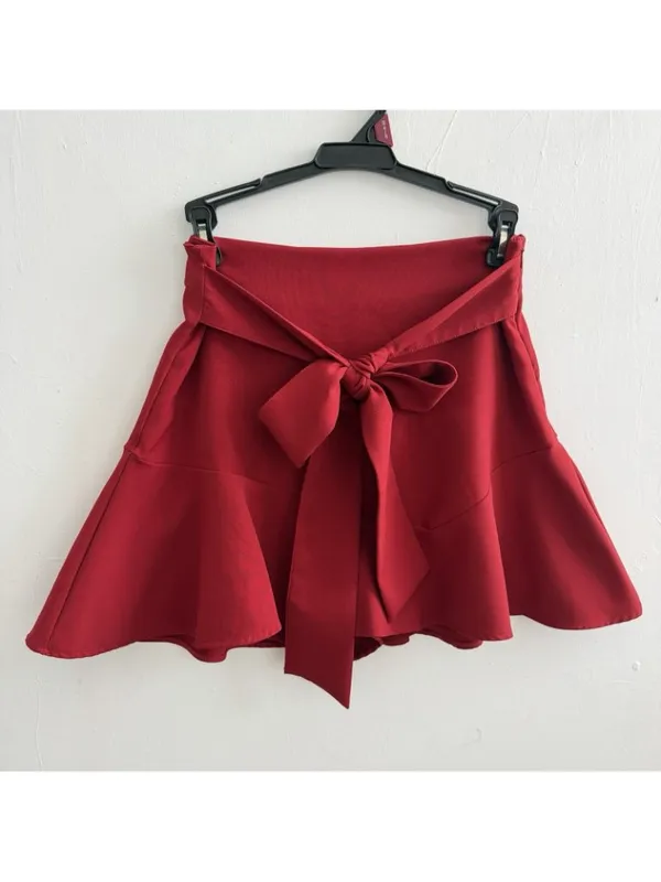NEW Zara Red Ruffled Mini Skort Skirt High Waisted Tie Belt Shorts SMALL Womens - Image 3