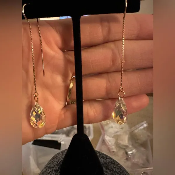 Handmade Swarovski Aurora Borealis Oval Crystal Threader Gold Chain Dangle Earrings - Image 3
