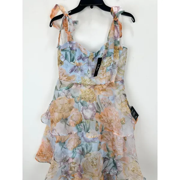 Lulus Playfully Posh Blue Floral Organza Tie-Strap Tiered Midi Dress Medium NWT - Image 6