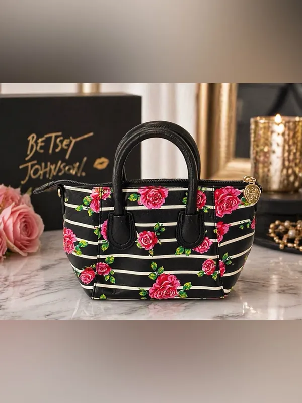 Betsey Johnson Floral Stripe Satchel Black Pink Rose Mini Handbag Y2K - Image 2