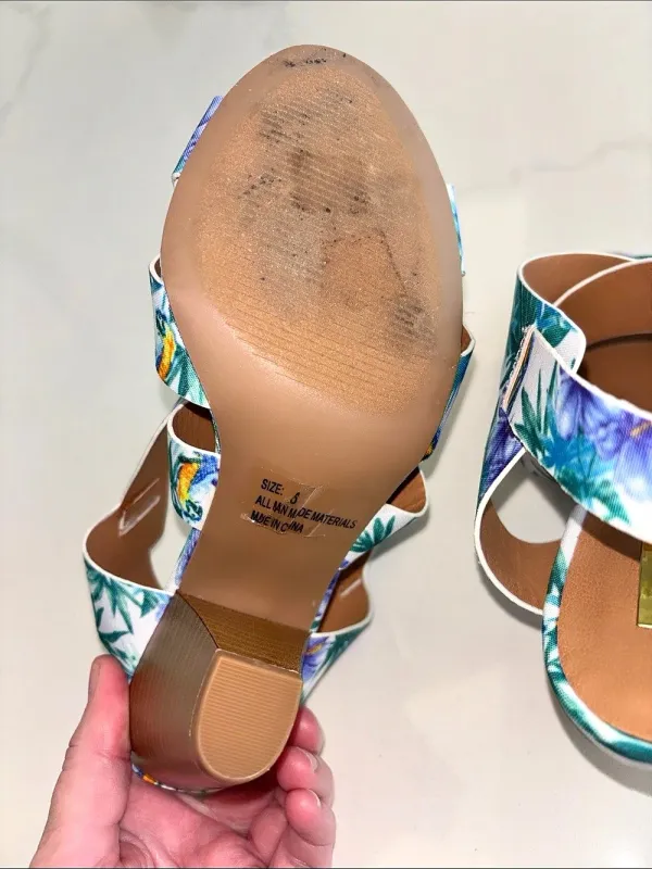 Qupid Floral Heeled Sandals White & Blue US 6 - Image 5