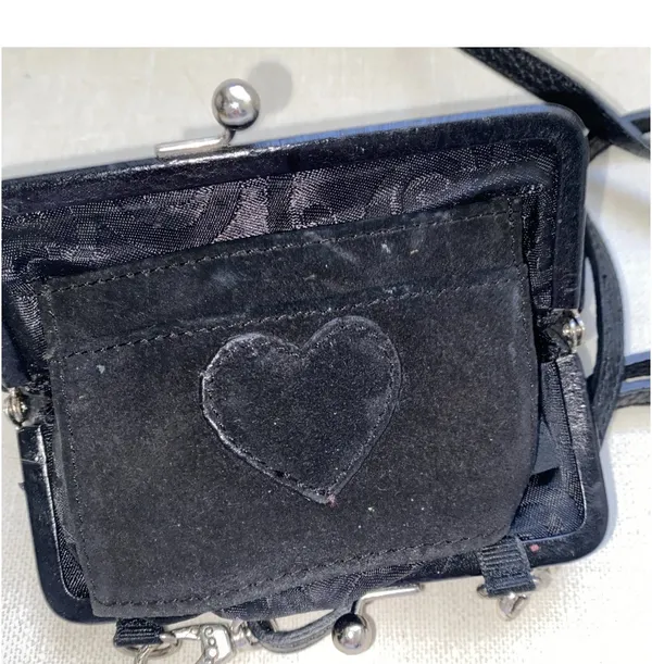 BRIGHTON Mini Purse Bag Rhinestone Heart Black Suede Leather Crossbody - Image 6