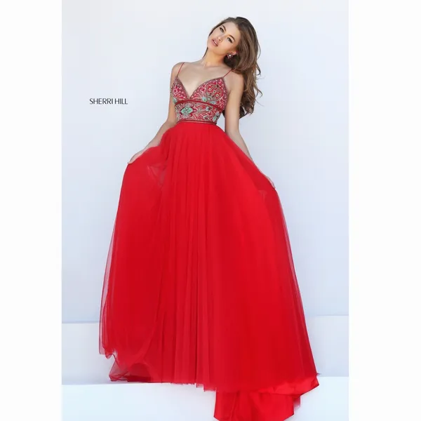 Sherri Hill 50474 A Line Maxi Formal Dress Red Pink Tulle 2 Beaded Homecoming - Image 2
