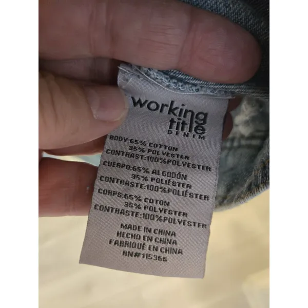 Working Title Denim Jacket Rhinestone Fringe Gray Knit Sleeves Pearl Buttons M - Image 4