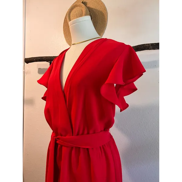 Amanda Uprichard Martinque Red Ruffled Wrap Midi Summer Dress Size Medium USA - Image 3