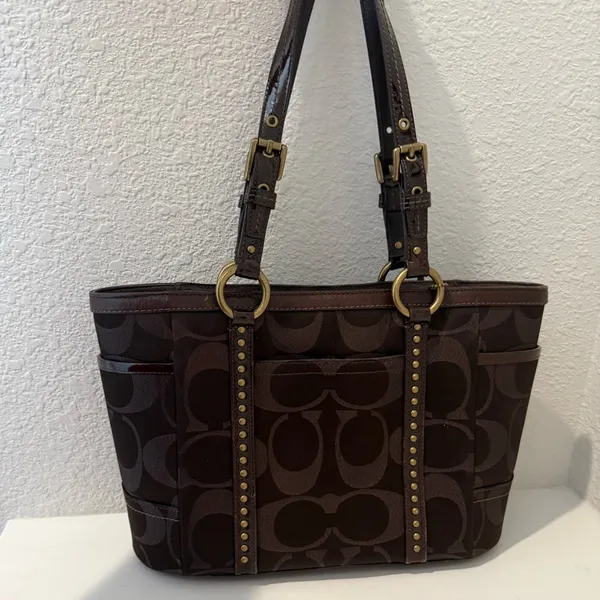 COACH Gallery Metallic Dark Chocolate Bronze Jacquard Signature Studded Tote - Image 2