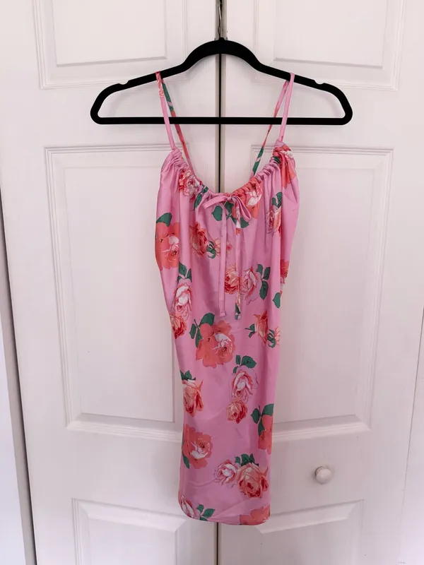 Reclaimed Vintage Pink Rose Satin Mini Dress Tie Back Size US 6 - Image 3