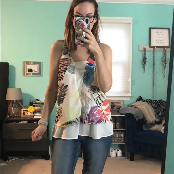 Bar‎ III Womens Abstract Tropical Layered Camisole Top White Multicolor Med Boho - Image 2