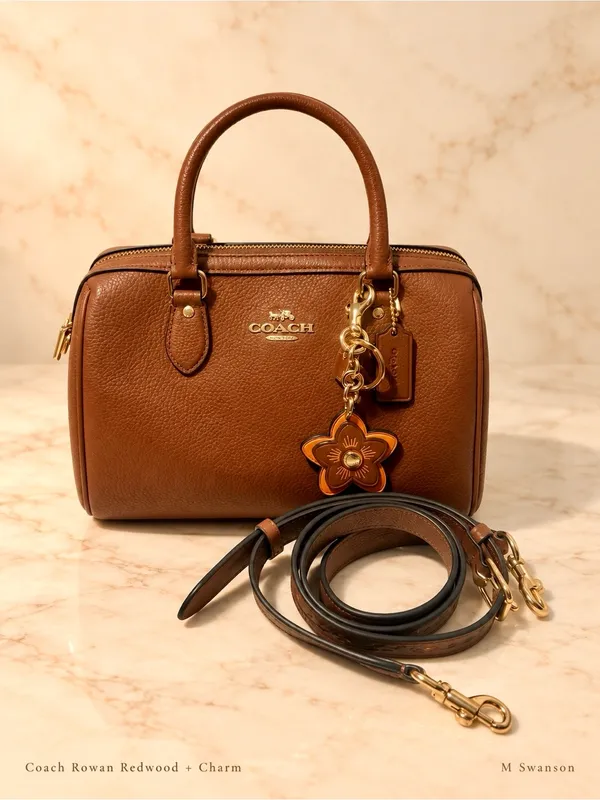 Coach Rowan Redwood Satchel CT841 Floral Strap + Leather Flower Charm Set NWOT - Image 2