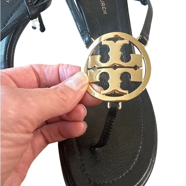 Tory Burch Metal Miller‎ Ankle Strap Sandals Black Gold Medallion 7 - Image 11