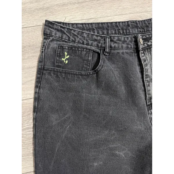 Women Washed Black High Waisted Relaxed Tapered Jeans 36x25 Green Embroidery - Image 2