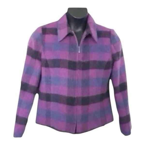 Dressbarn Vintage Women Purple Plaid Retro Jacket Blazer Size 12 Wool Blend - Image 2