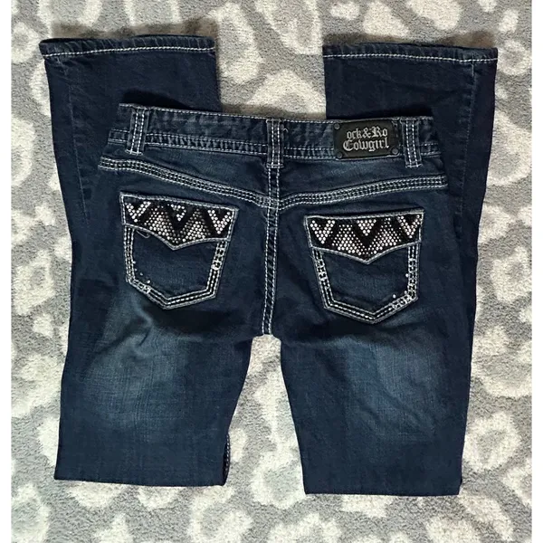 Rock & Roll‎ Cowgirl Riding Jeans Mid Rise Bootcut Dark Wash Thick Stitch 28/32 - Image 7