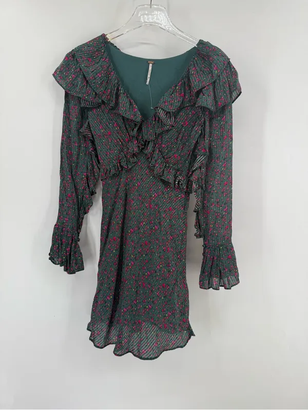 FREE‎ PEOPLE SWEETEST THING RUFFLE GREEN FLORAL MINI DRESS size 0 - Image 4