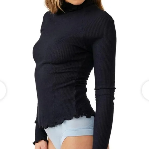 INTIMETELY FREE PEOPLE Womens XL Make It Easy Thermal Top Lettuce Trim Navy Blue - Image 13